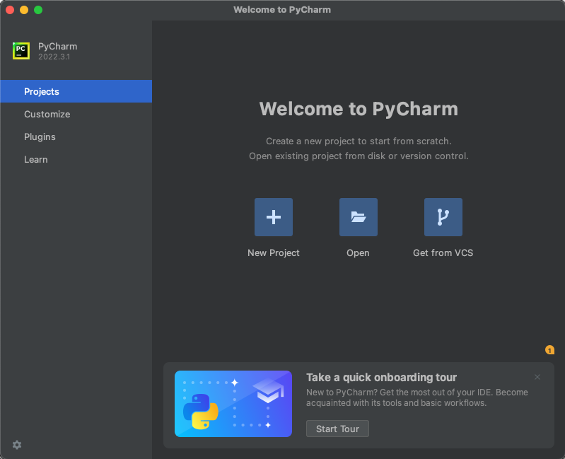 PyCharm welcome screen