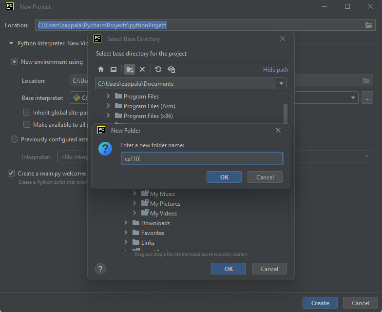 creating a new directory in PyCharm on Windows