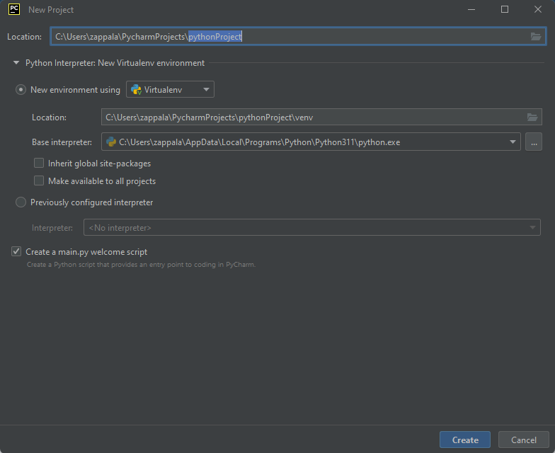 PyCharm new project screen
