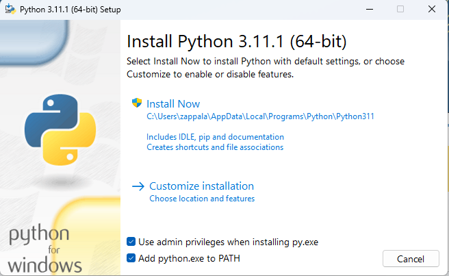 Python installer screen 1