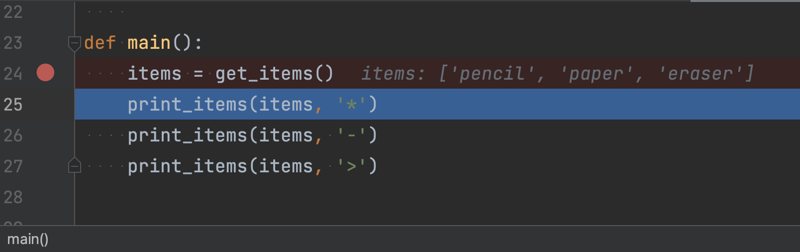 debugger shows the value of the items variable