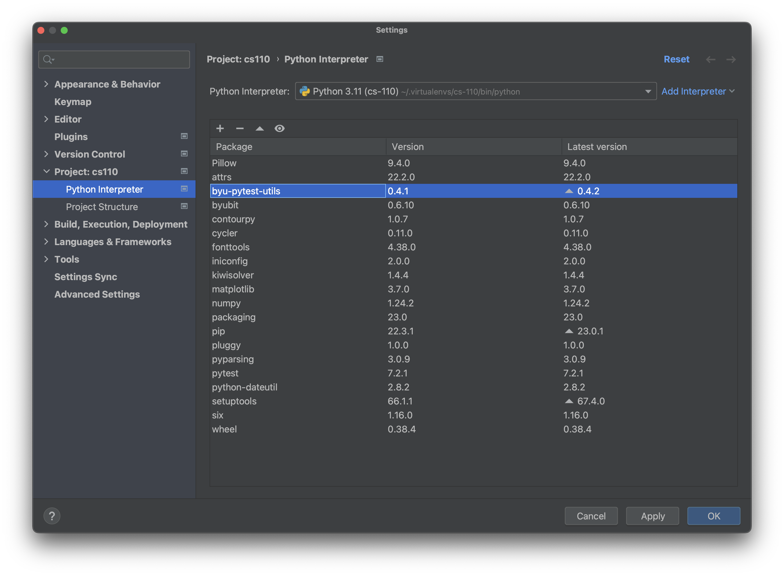 pycharm settings to install packages